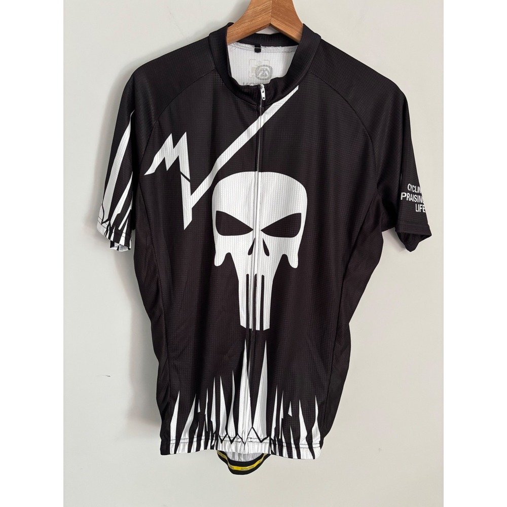 Monton Mens Punisher Cycling Jersey Black White Skull Short Sleeve Size 2XL